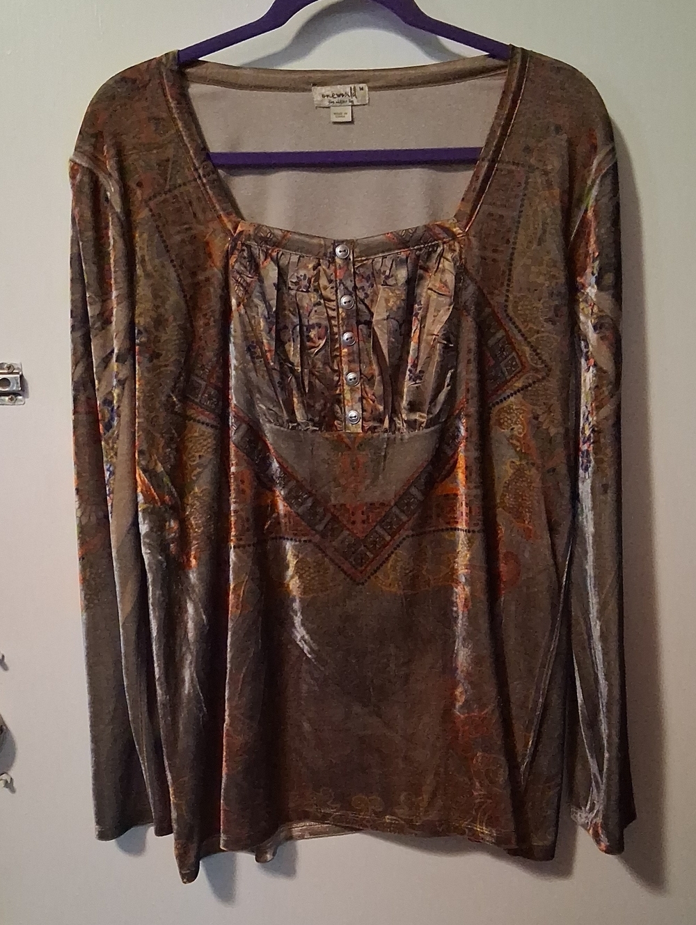 ONE WORLD Metallic Paisley Long-Sleeve Scoop Neck Top - Velvet